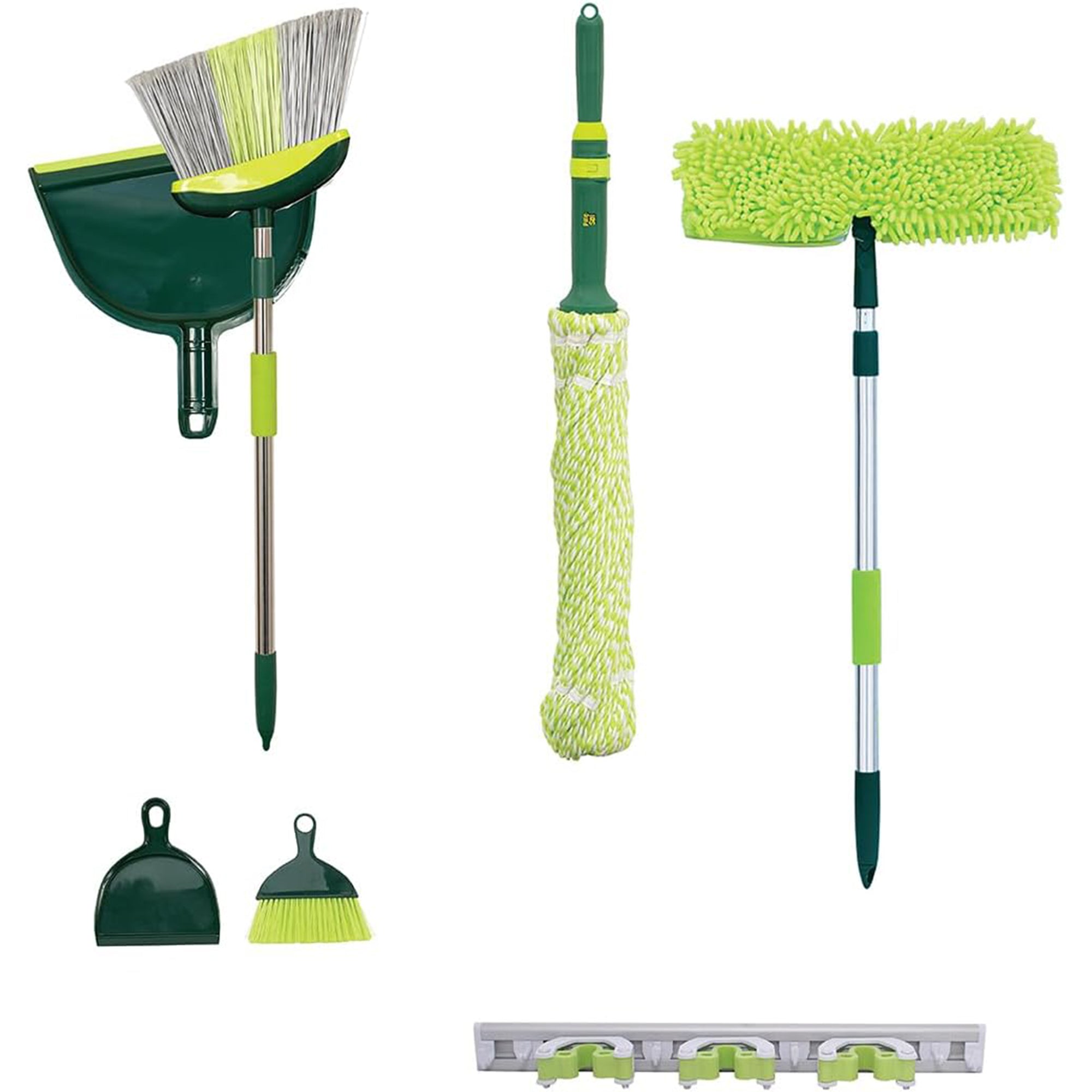 Broom & Mop Floor Cleaning Set, 7 PC Kit w/ Wall Mount Storage Rack (Open Box)