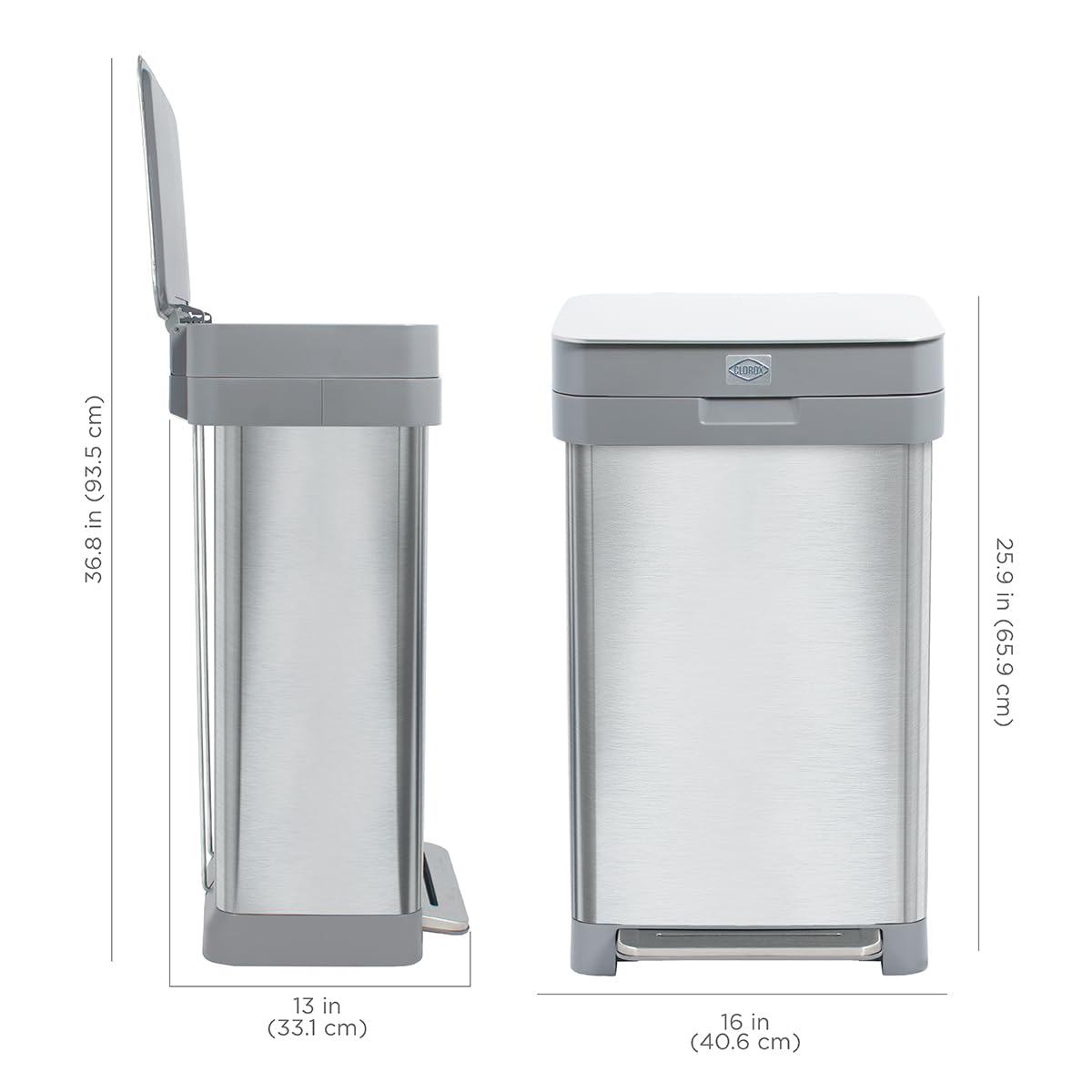 Clorox Trash Can, 13 Gallon Stainless Steel Garbage Bin with Wide Step, Silver - VMInnovations