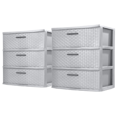 Sterilite 3 Drawer Wide Storage Tower, Plastic Weave Organizer, Cement, 2 Pack