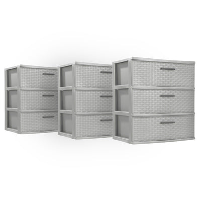 Sterilite 3 Drawer Wide Storage Tower, Plastic Weave Organizer, Cement, 3 Pack