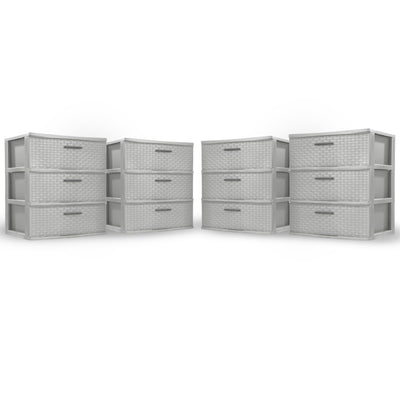 Sterilite 3 Drawer Wide Storage Tower, Plastic Weave Organizer, Cement, 4 Pack