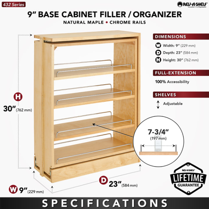 Rev-A-Shelf 9" Pullout Kitchen Cabinet Filler Organizer Spice Rack, 432-BF-9C