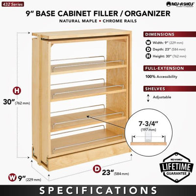 Rev-A-Shelf 9" Pullout Kitchen Cabinet Filler Organizer Spice Rack, 432-BF-9C - VMInnovations