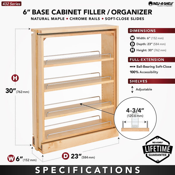 Rev-A-Shelf 6" Pullout Base Filler Cabinet Rack w/ Soft-close, 432-BFBBSC-6C