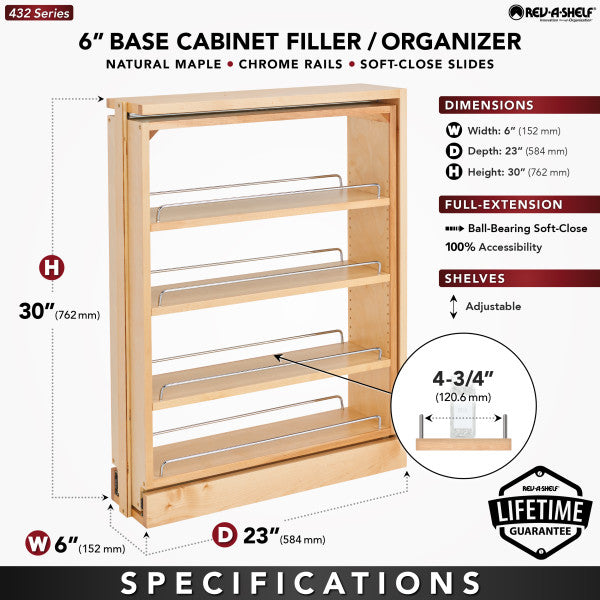 Rev-A-Shelf 6" Pull-Out Base Filler Cabinet Rack w/ Soft-Close, 432-BFBBSC-6C