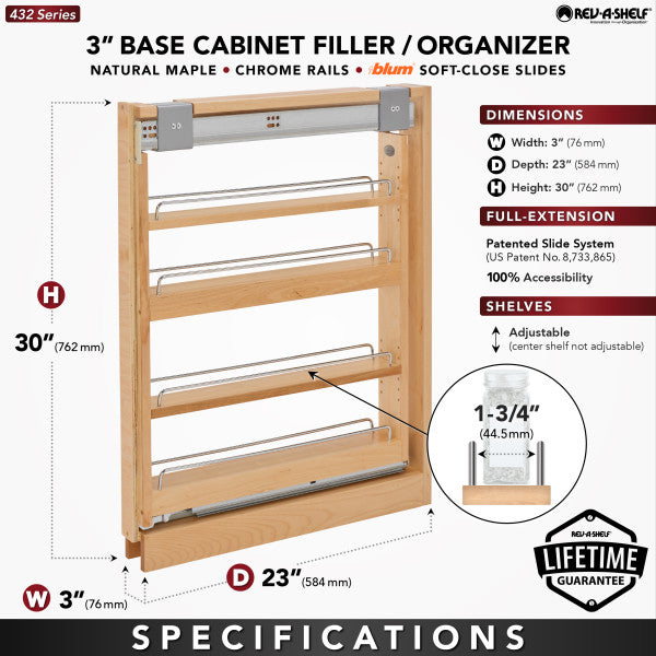 Rev-A-Shelf 432-BFSC-3C 3" Cabinet Base Filler Soft Close Organizer Rack, Maple