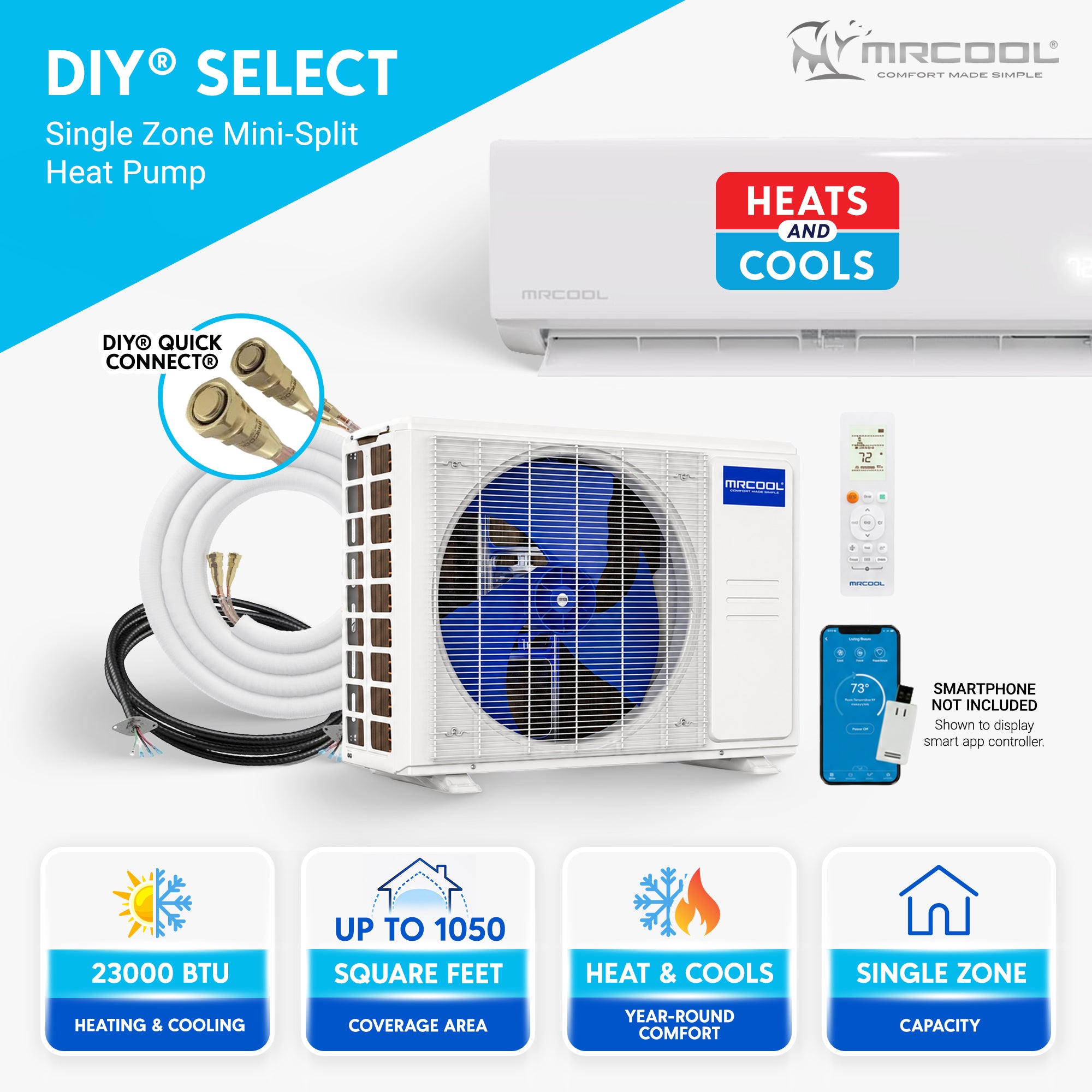 MRCOOL DIY Select 9K BTU Mini Split Heat Pump, 11.5 Ft Line Set, 155V, White