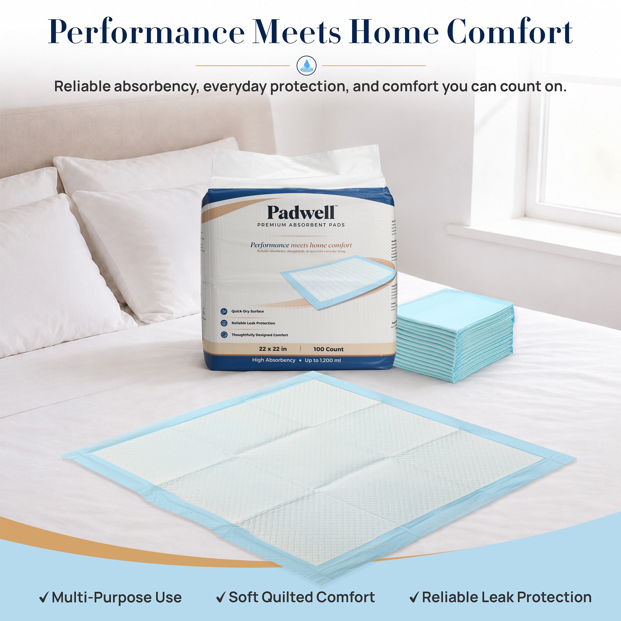 Padwell Absorbent Pads for Bed and Floor Protection, 22 x 22 Inches, 50 Count
