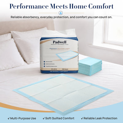 Padwell Absorbent Pads for Bed and Floor Protection, 22 x 22 Inches, 300 Count