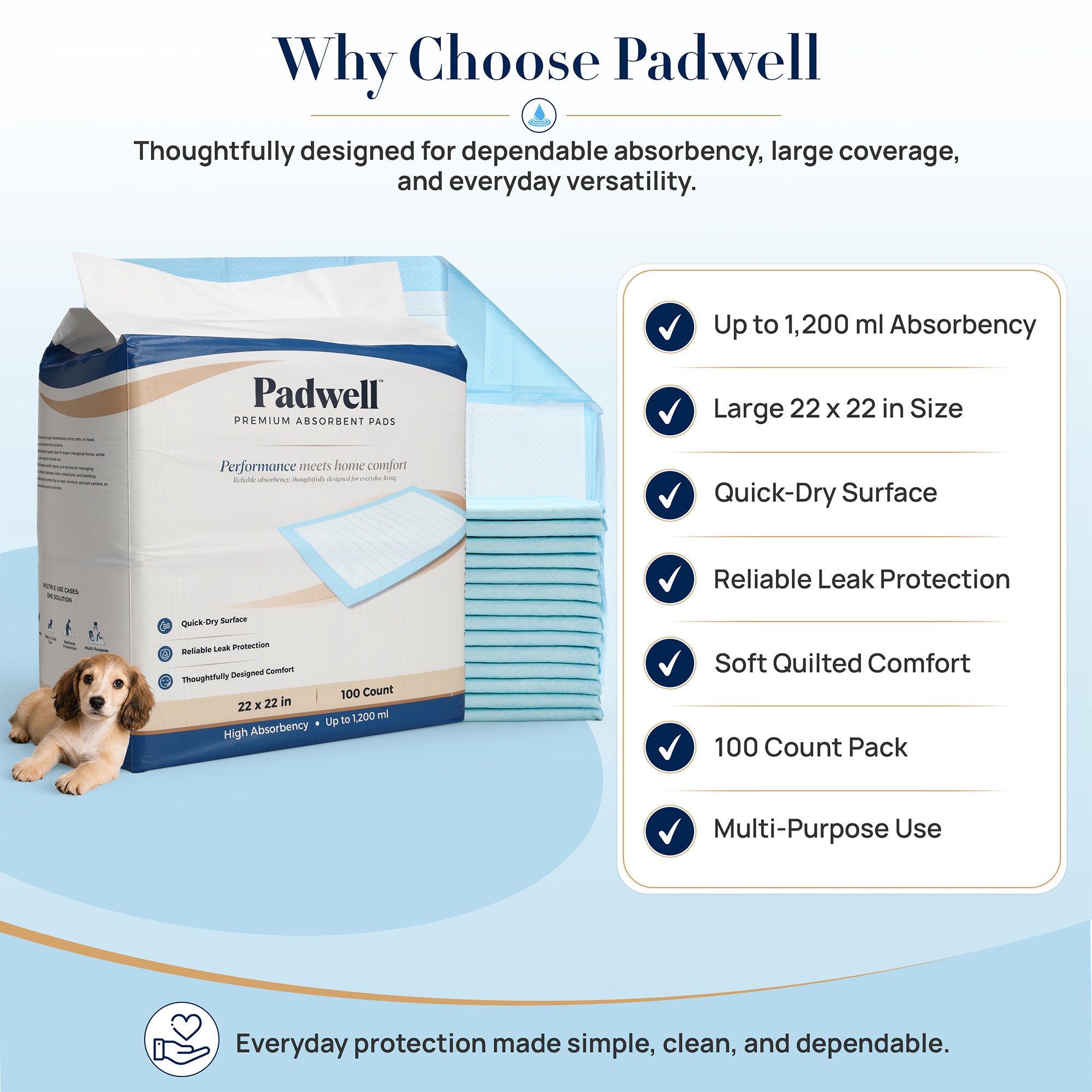 Padwell Absorbent Pads for Bed and Floor Protection, 22 x 22 Inches, 50 Count