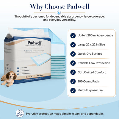 Padwell Absorbent Pads for Bed and Floor Protection, 22 x 22 Inches, 50 Count