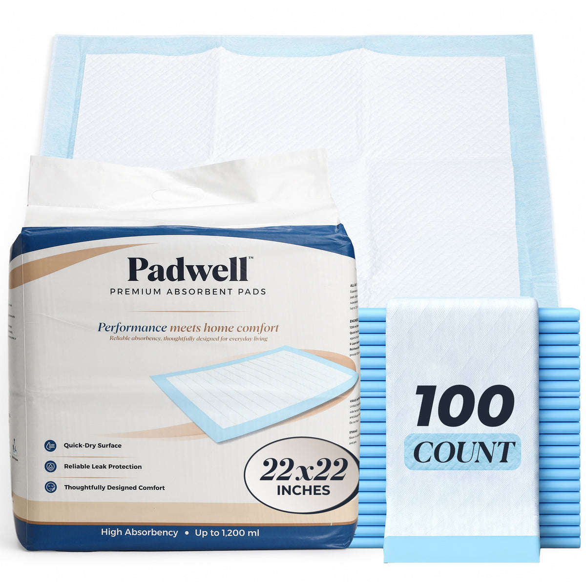 Padwell Absorbent Pads for Bed and Floor Protection, 22 x 22 Inches, 100 Count (Open Box)