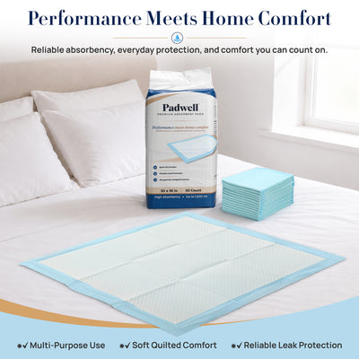 Padwell Absorbent Pads for Bed and Floor Protection, 30 x 36 Inches, 100 Count