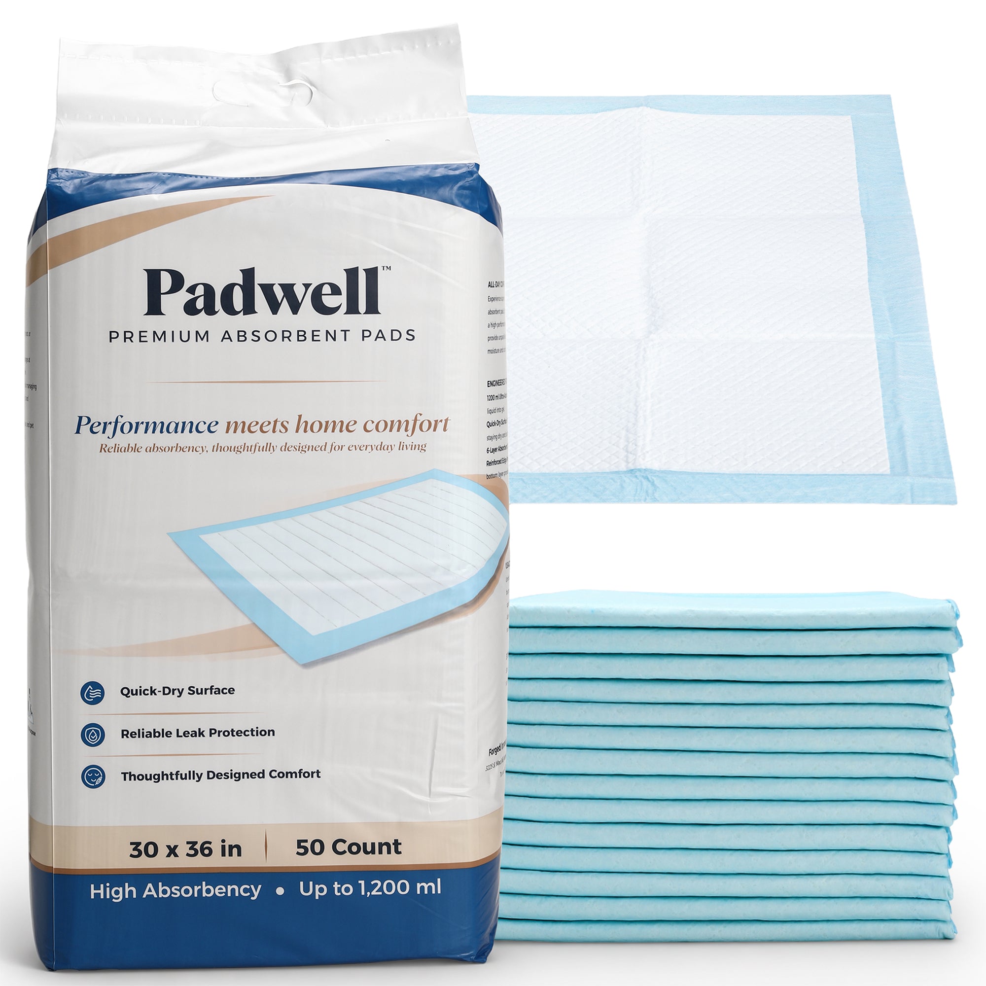 Padwell Absorbent Pads for Bed and Floor Protection, 30 x 36 Inches, 100 Count