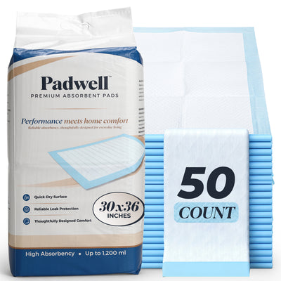 Padwell Absorbent Pads for Bed and Floor Protection, 30 x 36 Inches, 50 Count