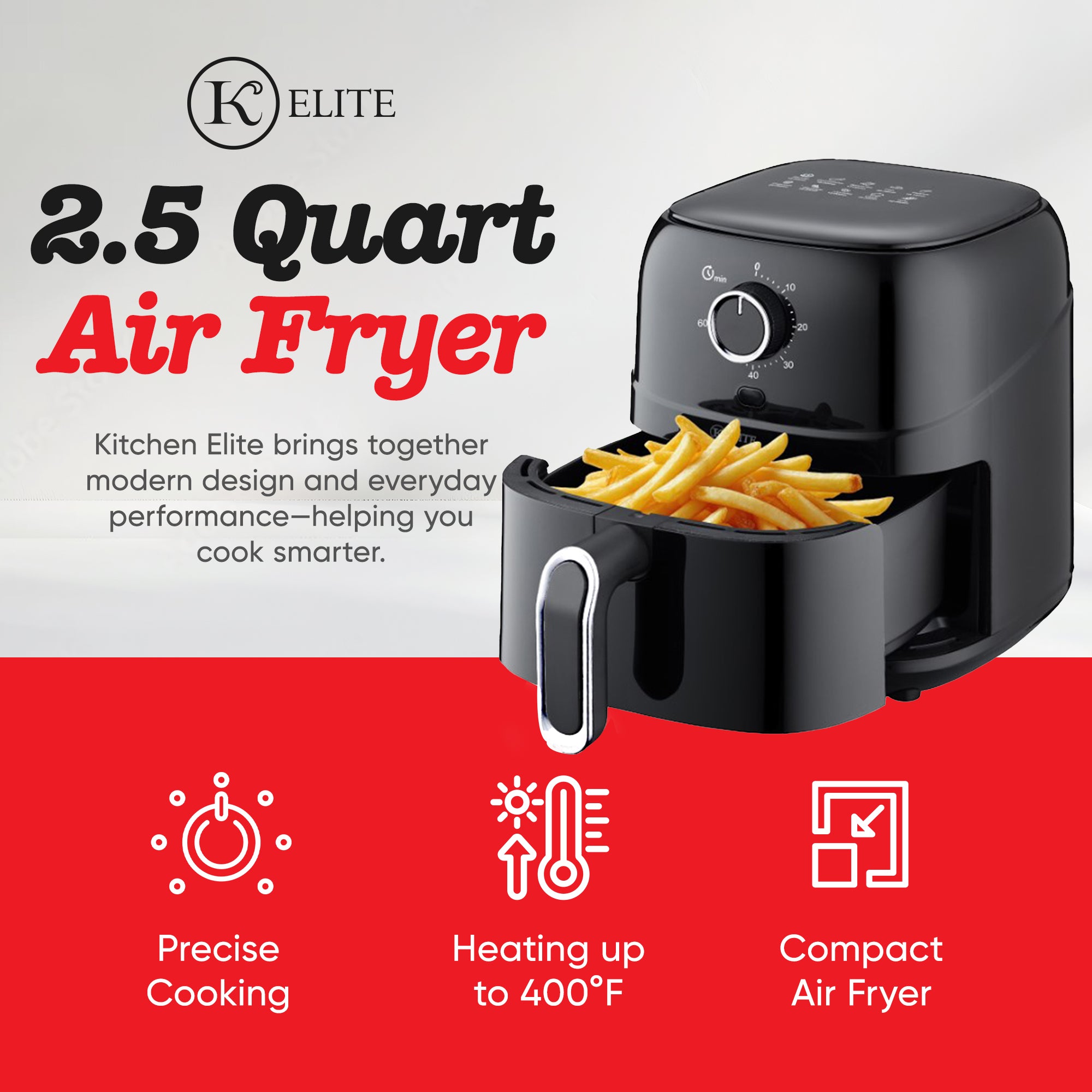 Kitchen Elite 2.5 Qt. Compact Mechanical Air Fryer, Countertop Cooker (Open Box)