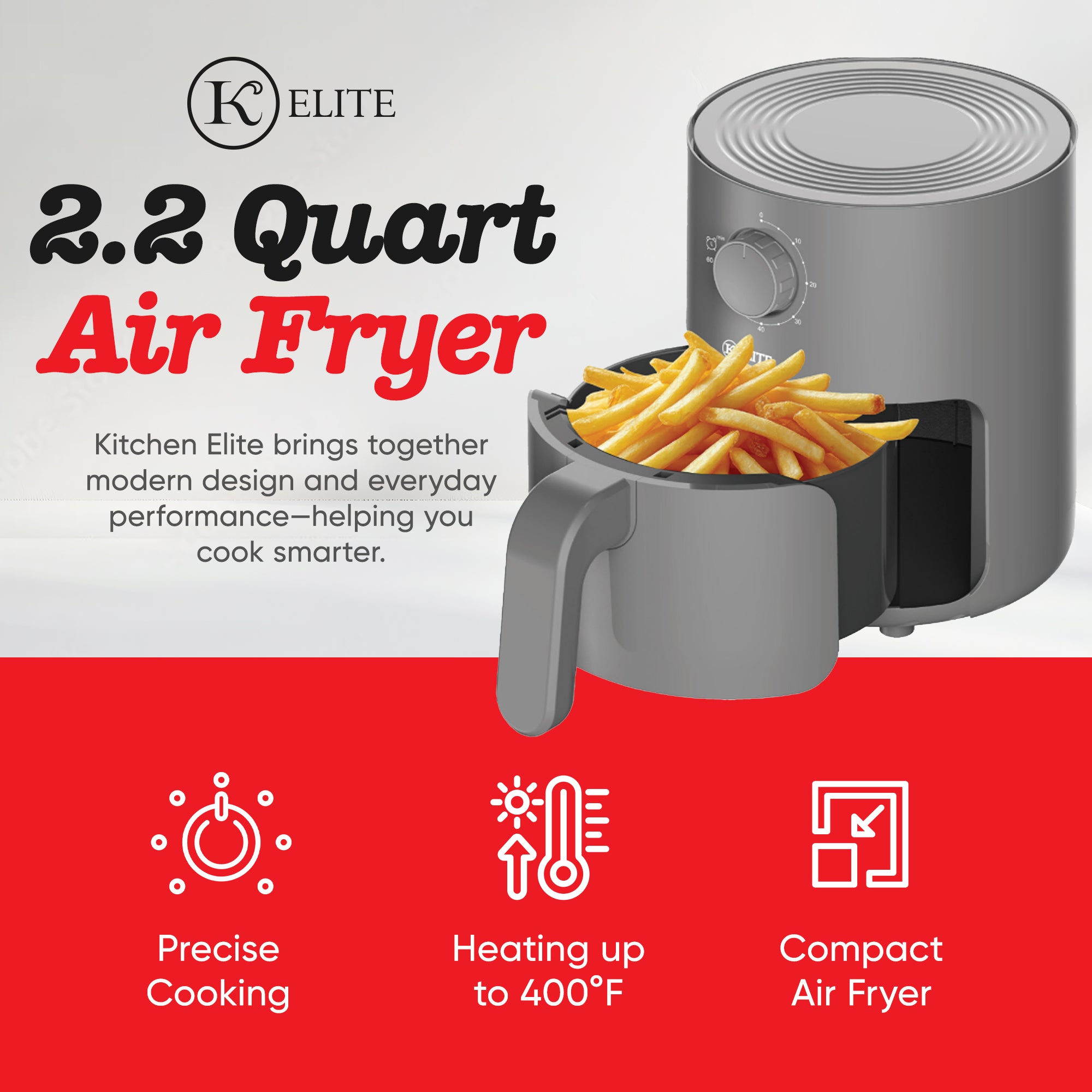 Kitchen Elite 2.2 Qt. Compact Mechanical Air Fryer, Countertop Cooker, Gray - VMInnovations