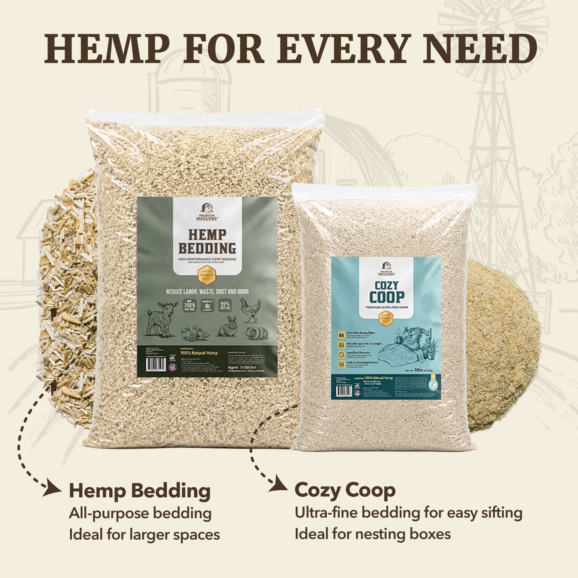Premium Poultry Hemp Bedding Low Dust Absorbent Chicken Coop Substrate, 22.5 Lb