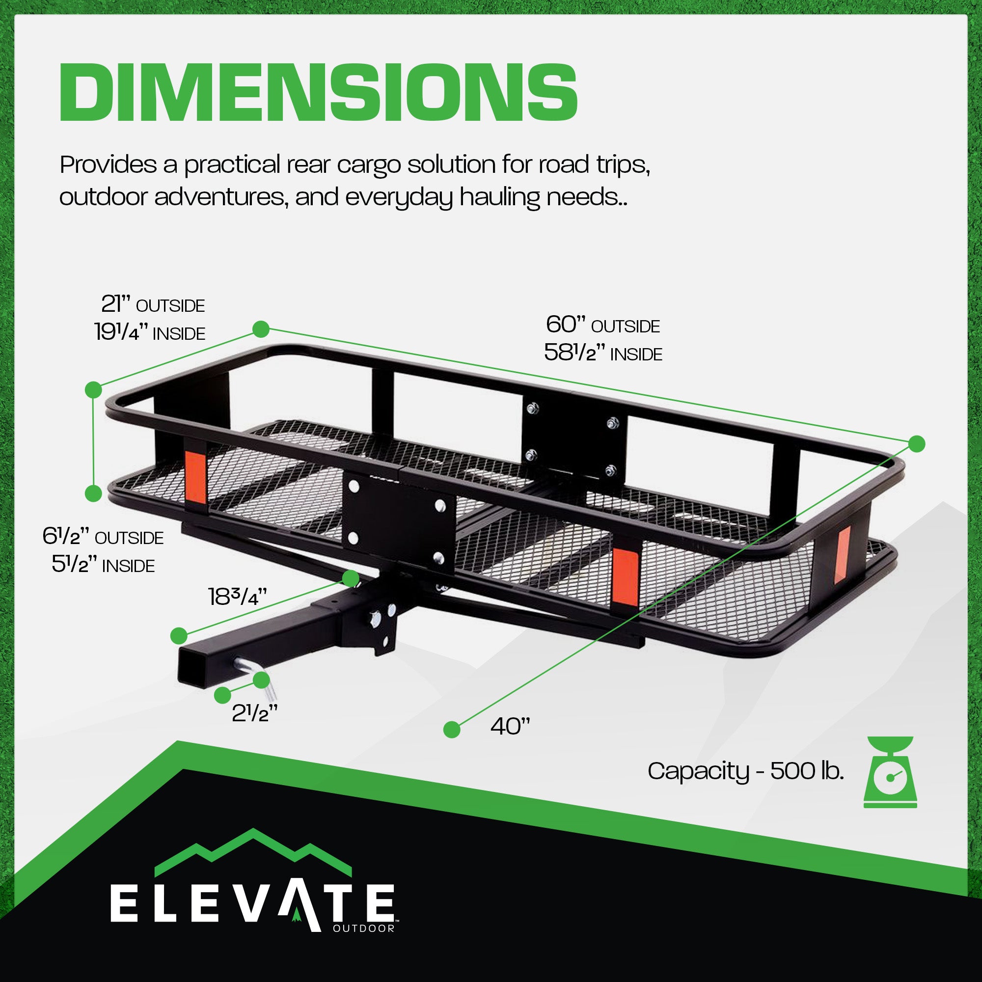 Elevate Outdoor Hitch Cargo Carrier, 60 Inch Steel Folding Rack, 500 Lb Capacity - VMInnovations