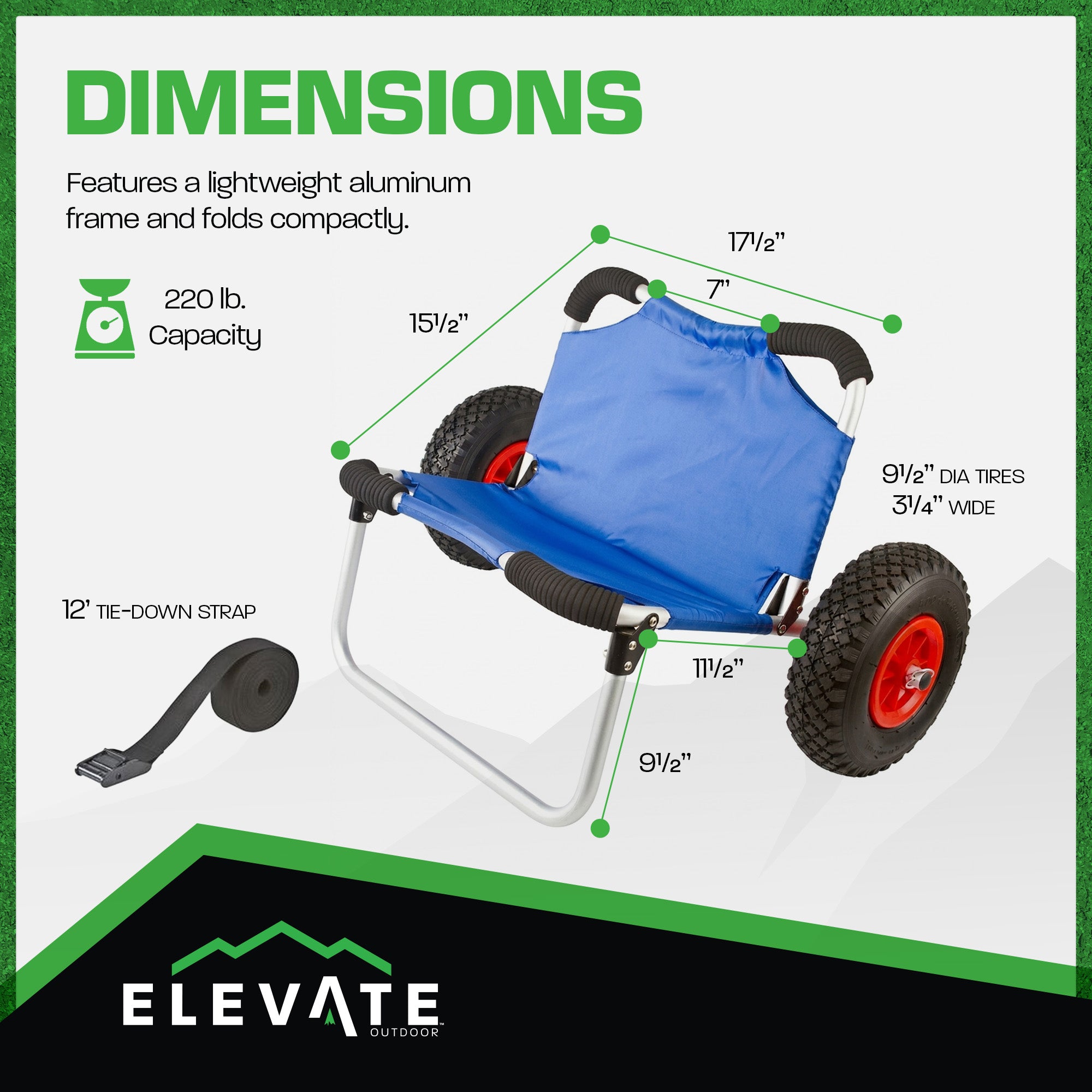 Elevate Outdoors Kayak and Canoe Dolly Cart with Seat, 220 lb Capacity, (Used)