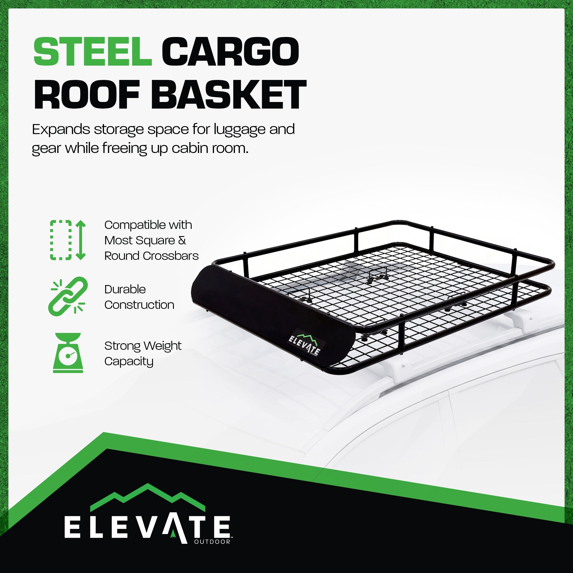 Elevate Outdoor Steel Cargo Roof Basket w/ Wind Fairing, 42" x 36" Storage Space - VMInnovations