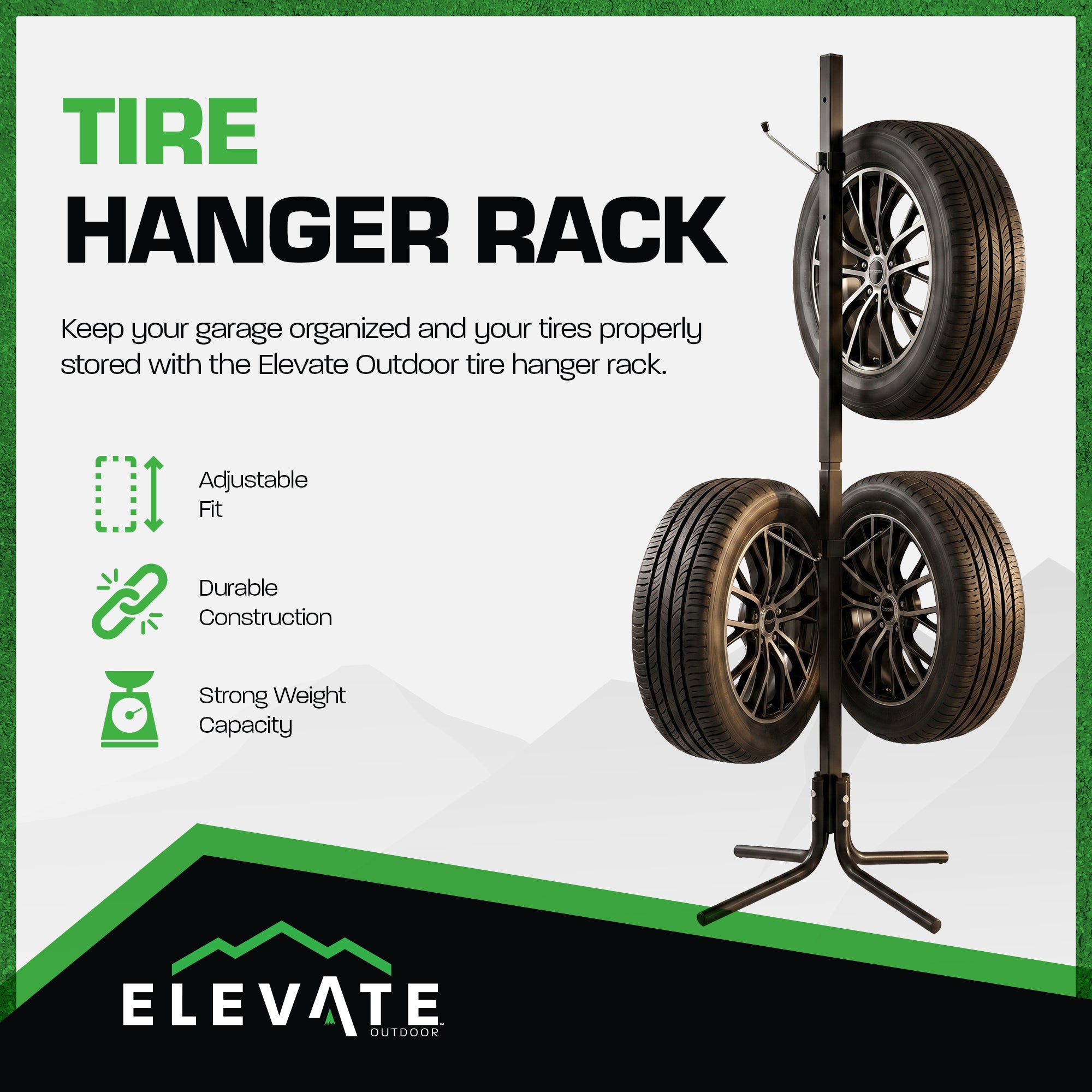Elevate Outdoor Tire Hanger Rack, Steel Garage Storage Organizer Up to 4 Tires - VMInnovations