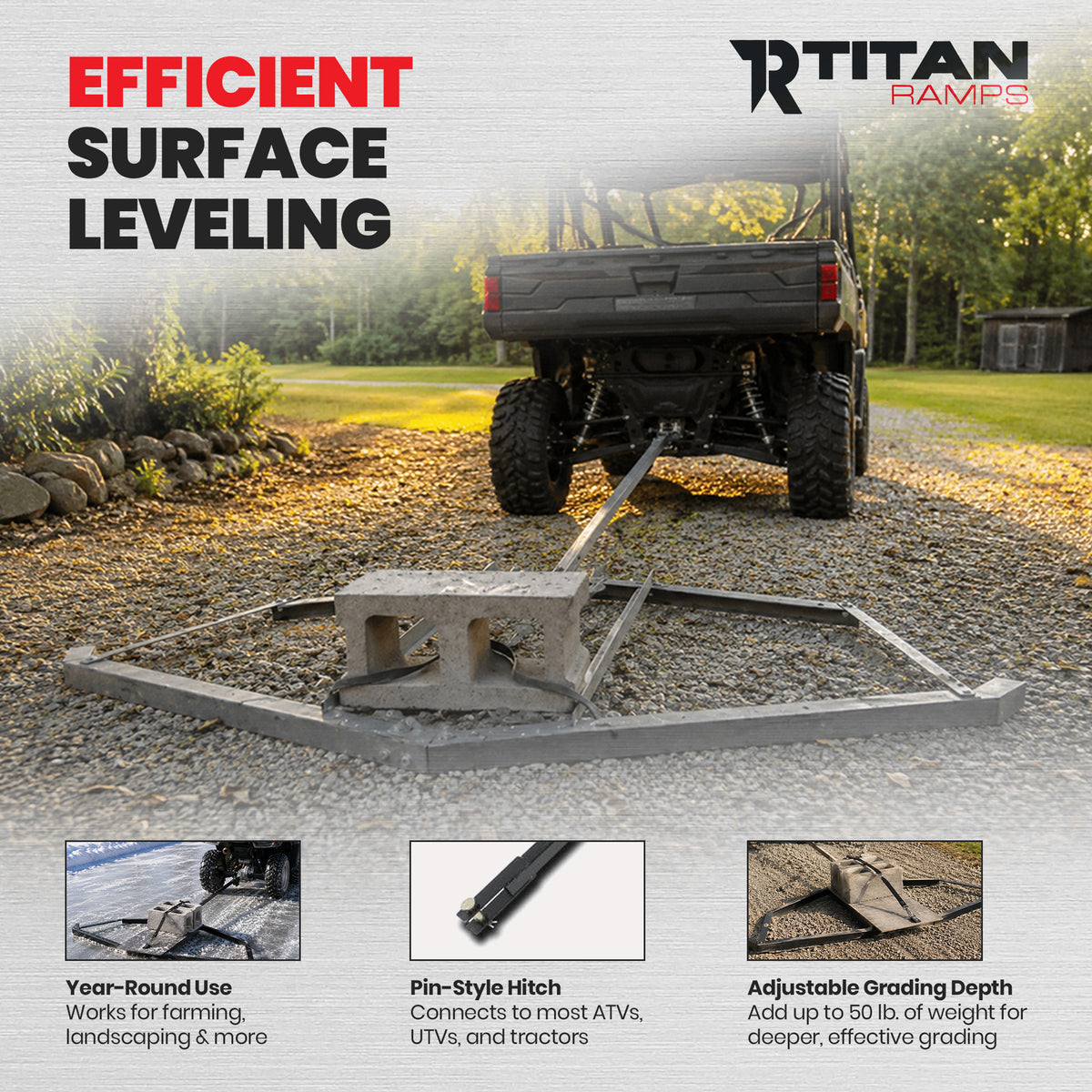 Titan Ramps Tow-Behind Steel Drag Harrow, Rake Attachment for Tractor Lawnmower - VMInnovations