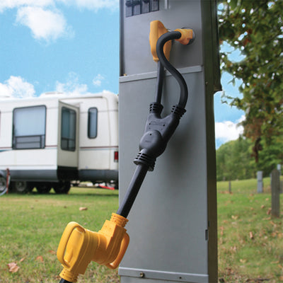 Camco PowerGrip 45 Amp RV Adapter, Combines 15 Amp and 30 Amp to 50 Amp Outlet - VMInnovations