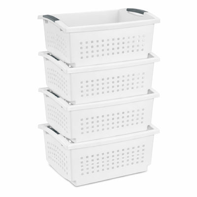 Sterilite Large Stacking Basket, Open Top Storage Bin w/ Handles, 4 Pack, White - VMInnovations