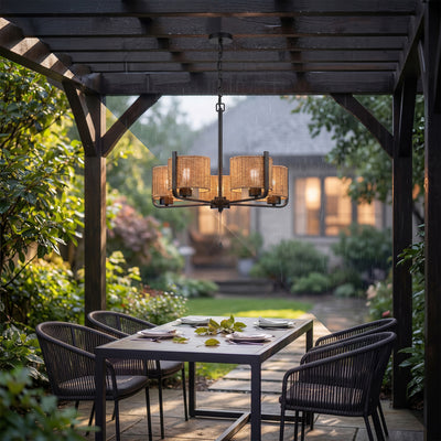 Mule Outdoor 26" Chandelier, 5-Light Hanging Fixture with Natural Woven Shades