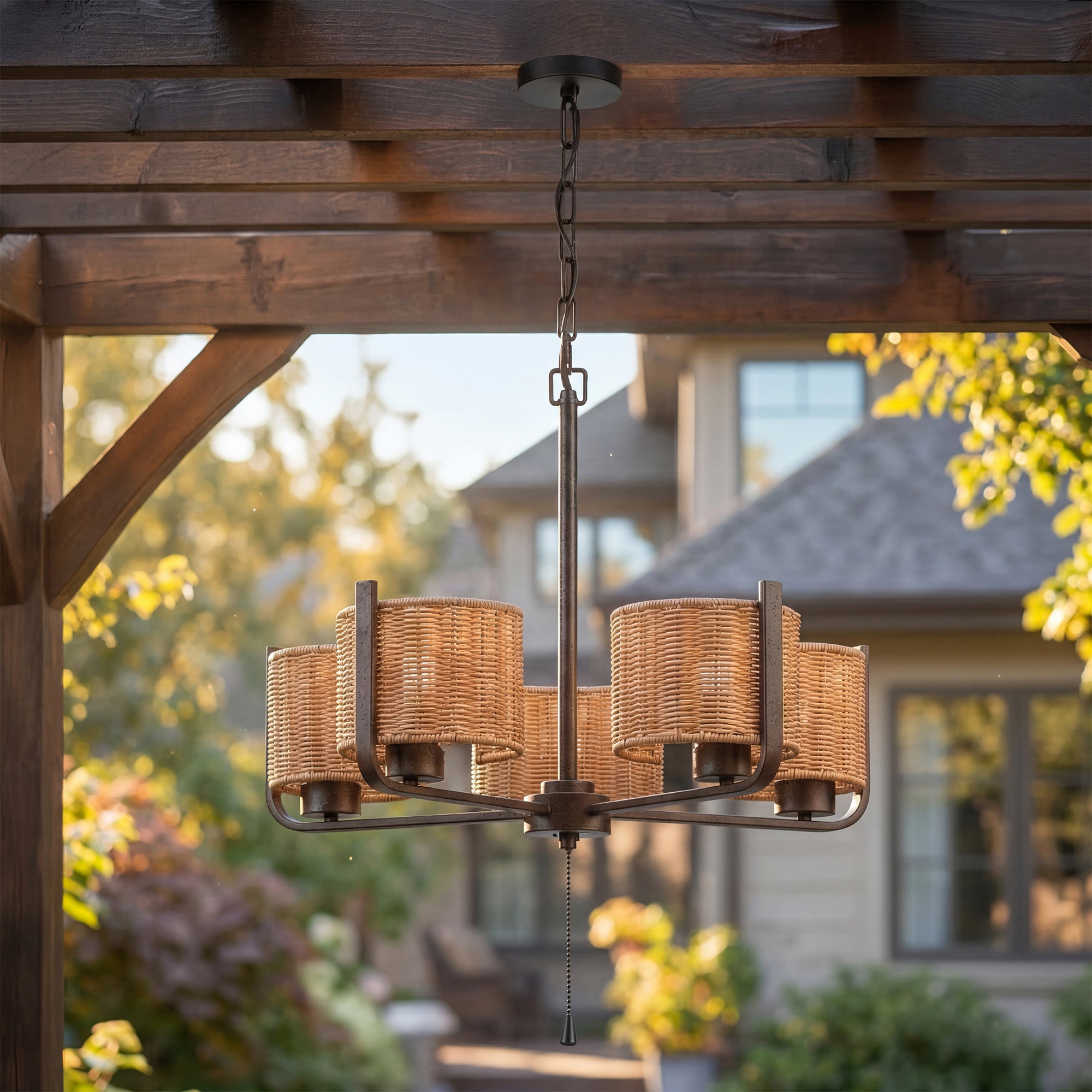 Mule Outdoor 26" Chandelier, 5-Light Hanging Fixture with Natural Woven Shades
