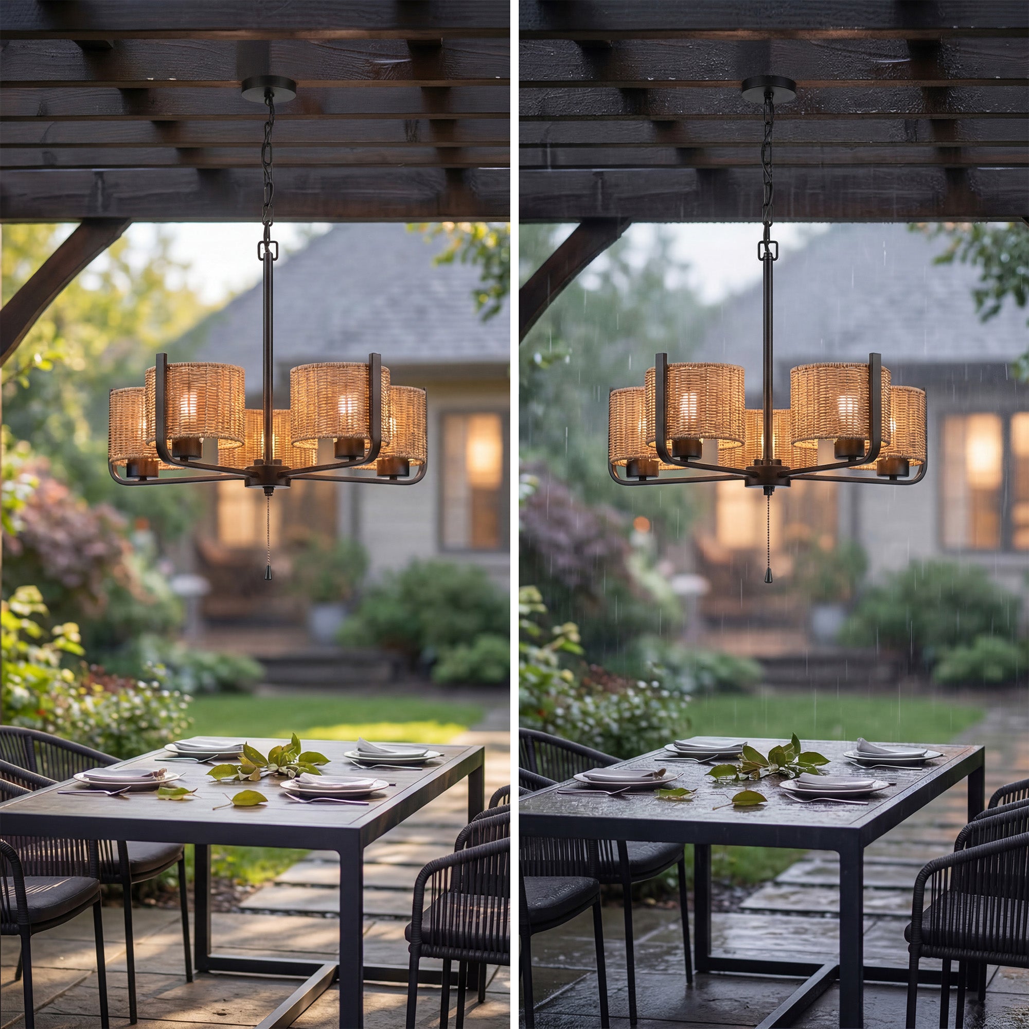 Mule Outdoor 26" Chandelier, 5-Light Hanging Fixture with Natural Woven Shades