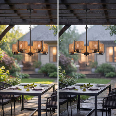 Mule Outdoor 26" Chandelier, 5-Light Hanging Fixture with Natural Woven Shades