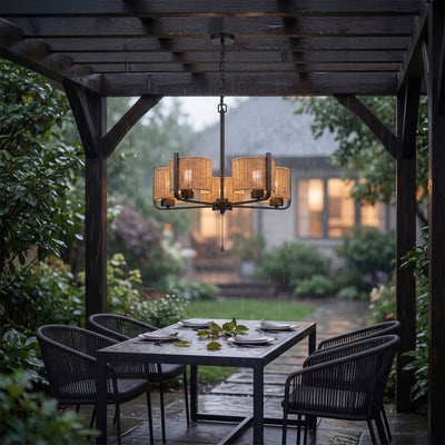 Mule Outdoor 26" Chandelier, 5-Light Hanging Fixture with Natural Woven Shades