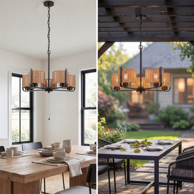 Mule Outdoor 26" Chandelier, 5-Light Hanging Fixture with Natural Woven Shades