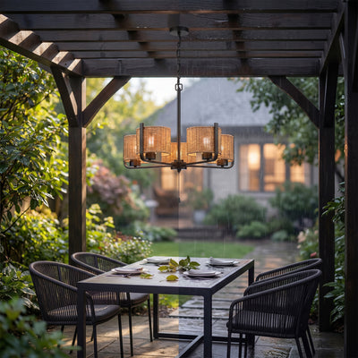 Mule Outdoor 26" Chandelier, 5-Light Hanging Fixture with Natural Woven Shades