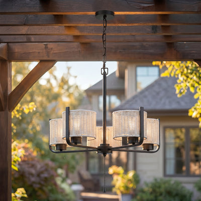 Mule 26" Outdoor Chandelier, 5-Light Hanging Fixture with Gray Woven Shades