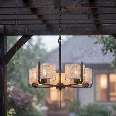 Mule 26" Outdoor Chandelier, 5-Light Hanging Fixture with Gray Woven Shades