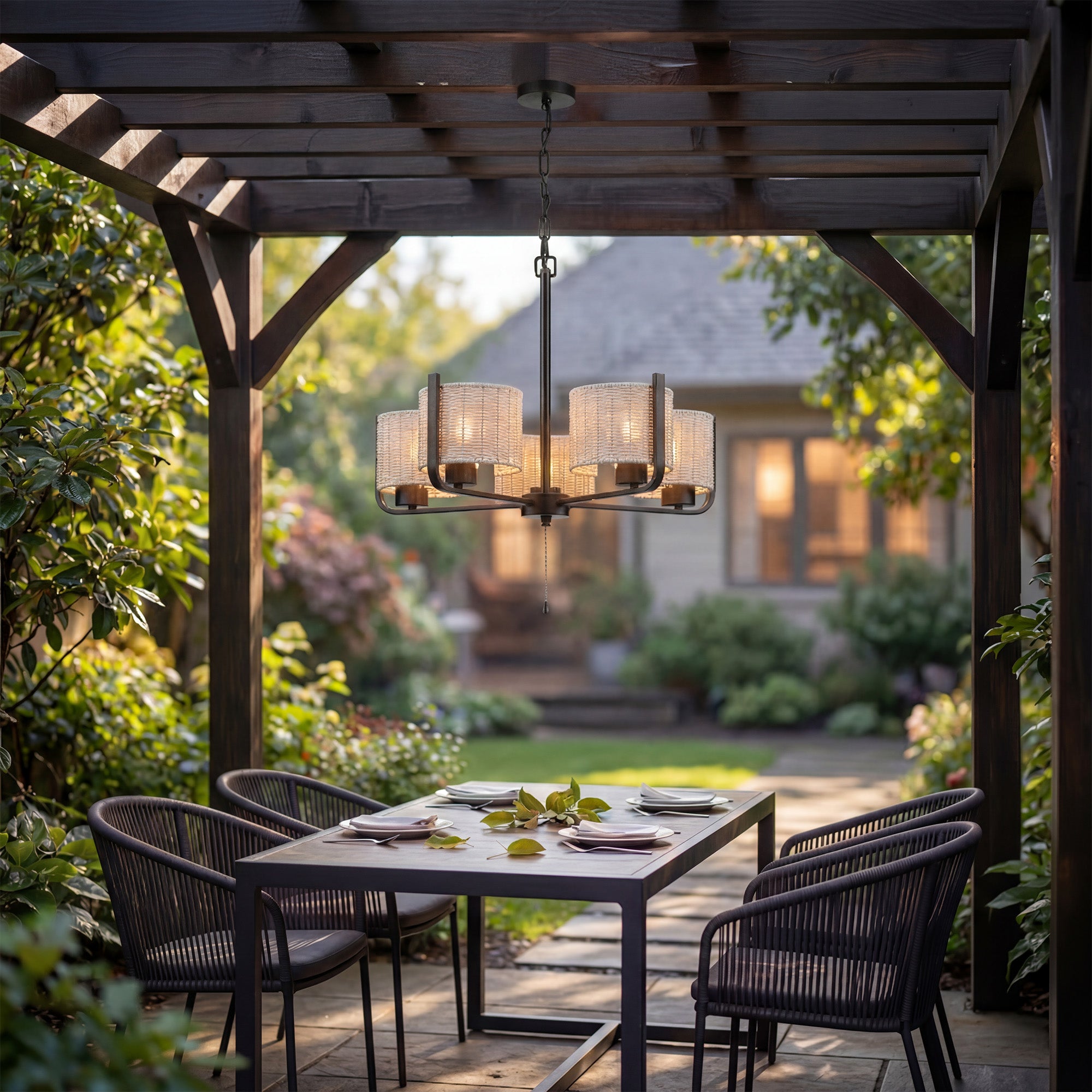 Mule 26" Outdoor Chandelier, 5-Light Hanging Fixture with Gray Woven Shades