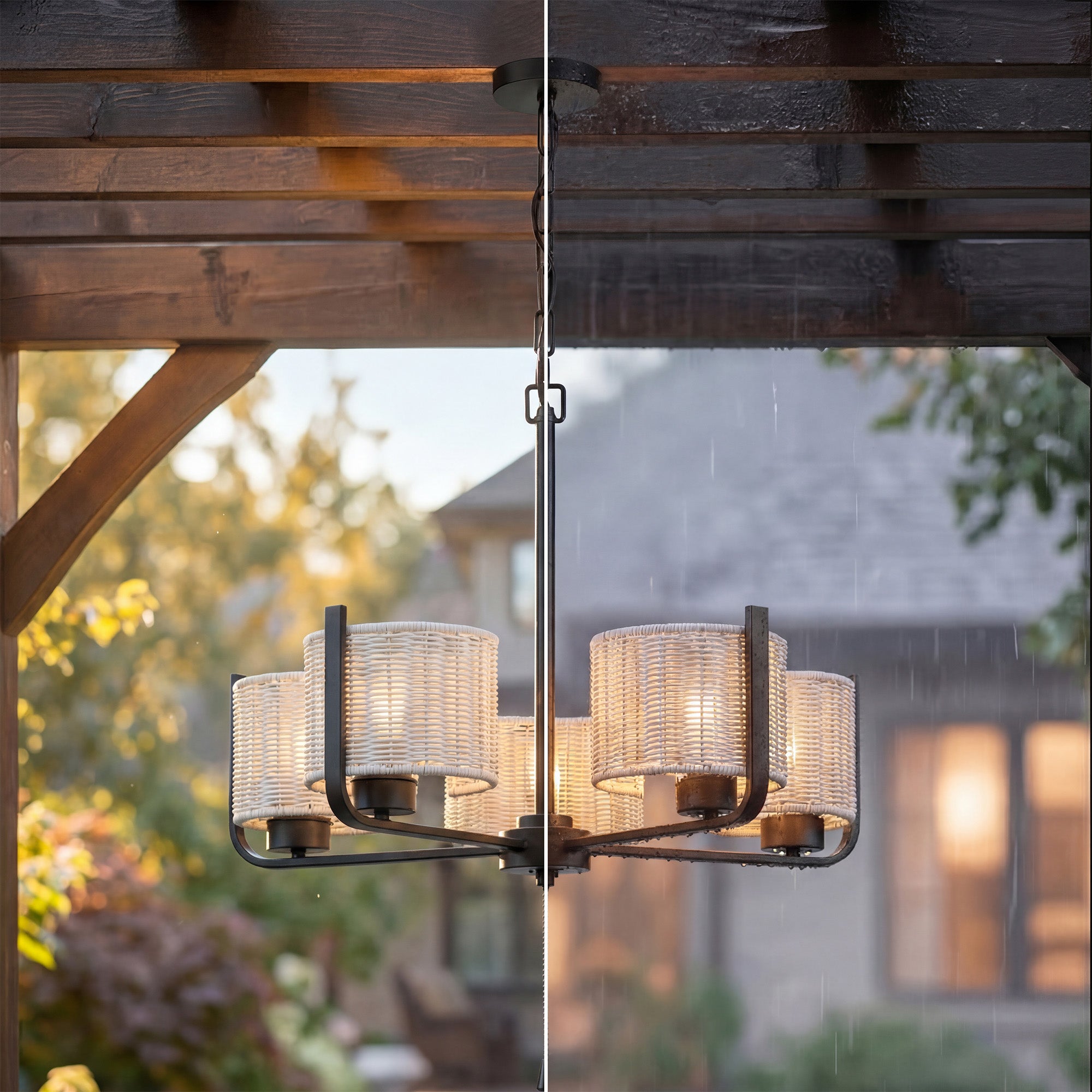 Mule 26" Outdoor Chandelier, 5-Light Hanging Fixture with Gray Woven Shades