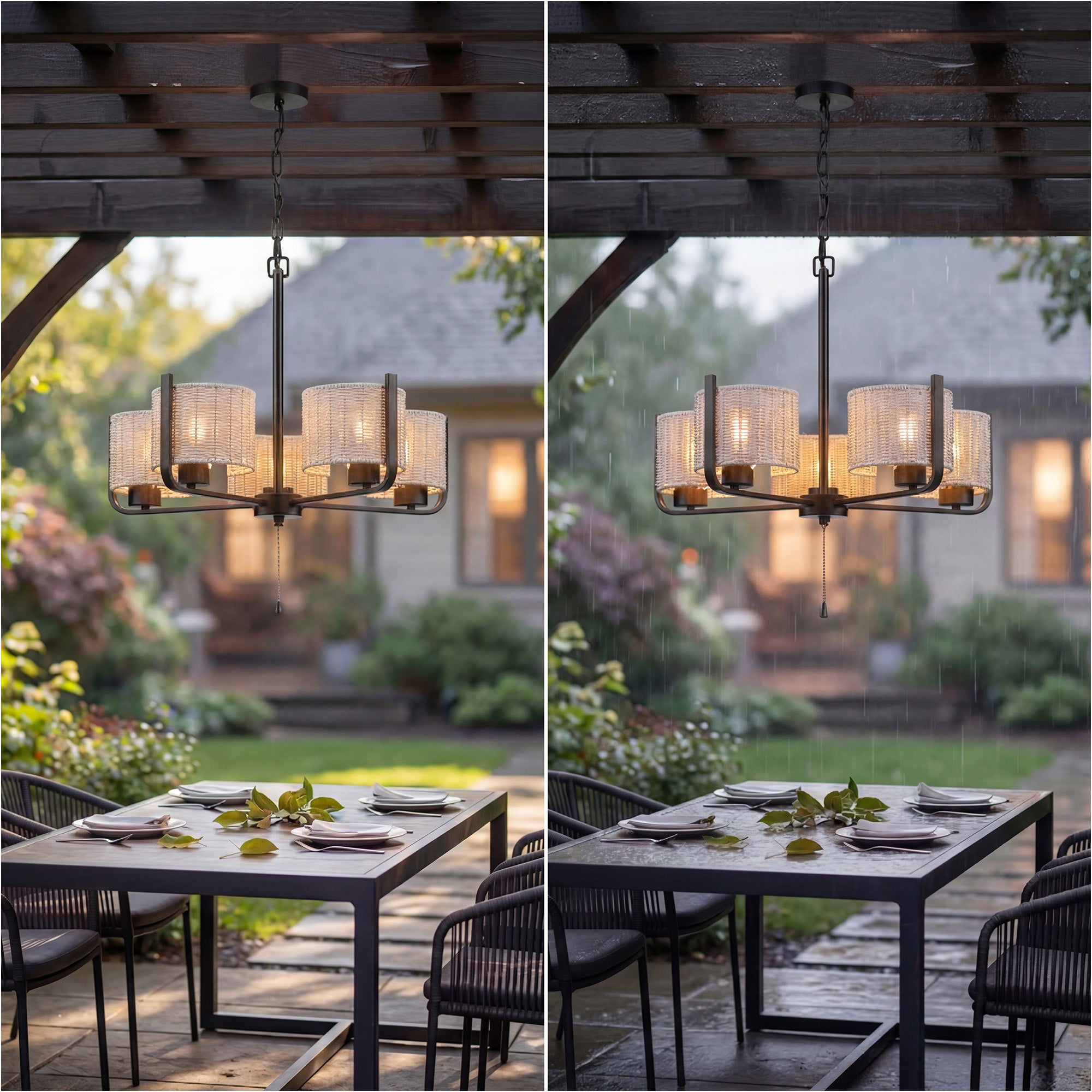 Mule 26" Outdoor Chandelier, 5-Light Hanging Fixture with Gray Woven Shades