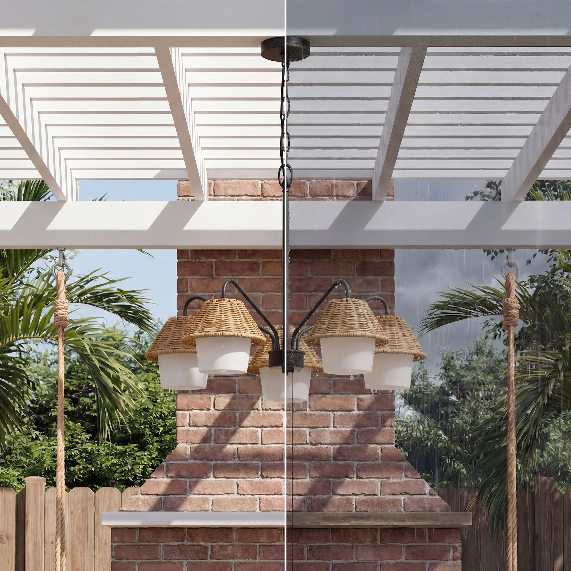 Mule Outdoor Chandelier, 5-Light Ceiling Light with Natural Shades, Matte Black