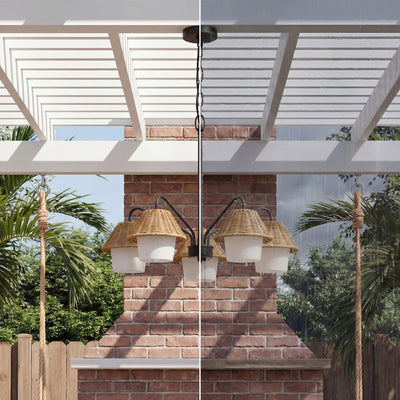 Mule Outdoor Chandelier, 5-Light Ceiling Light with Natural Shades, Matte Black