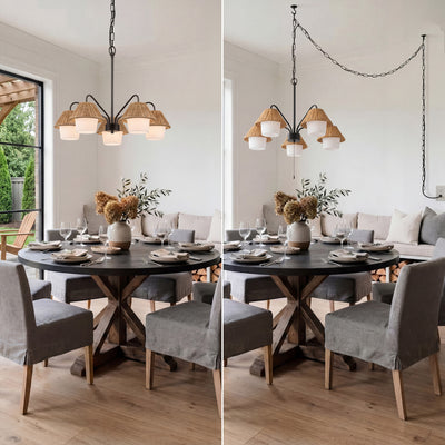 Mule Outdoor Chandelier, 5-Light Ceiling Light with Natural Shades, Matte Black