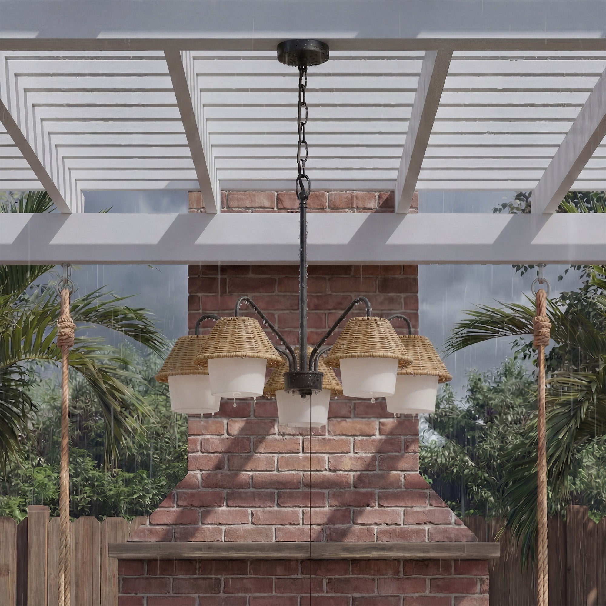 Mule Outdoor Chandelier, 5-Light Ceiling Light with Natural Shades, Matte Black