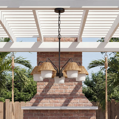 Mule Outdoor Chandelier, 5-Light Ceiling Light with Natural Shades, Matte Black