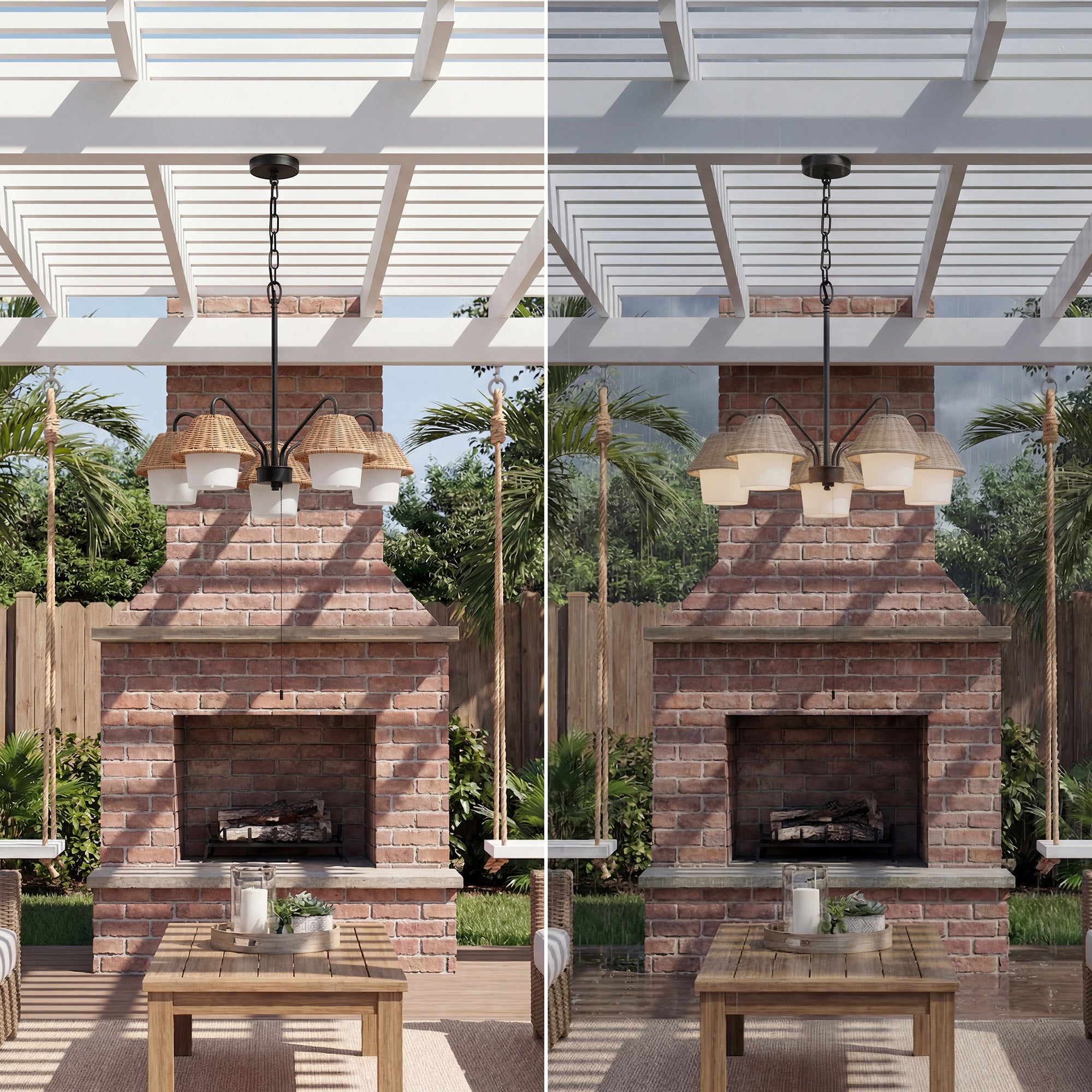 Mule Outdoor Chandelier, 5-Light Ceiling Light with Natural Shades, Matte Black