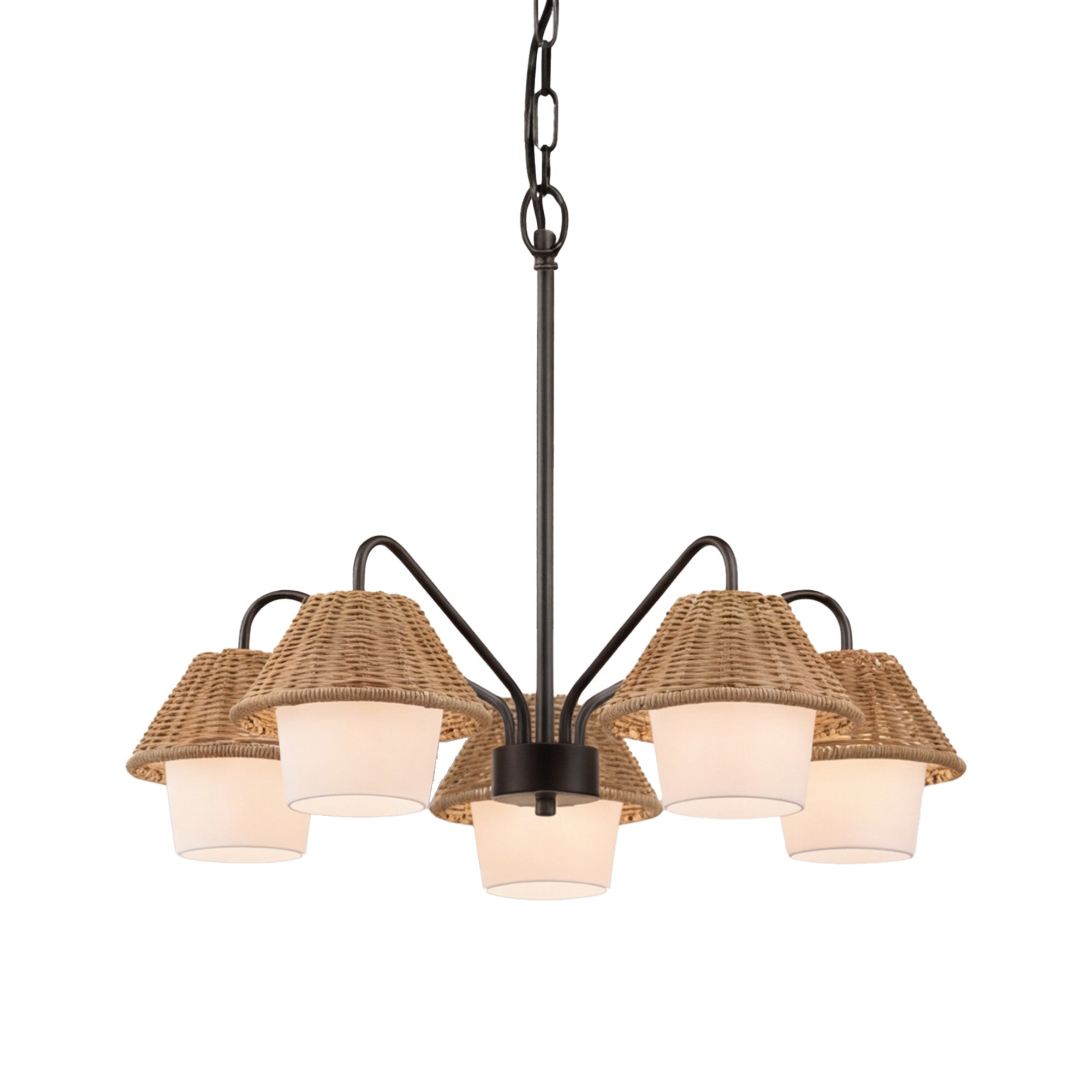 Mule Outdoor Chandelier, 5-Light Ceiling Light with Natural Shades, Matte Black