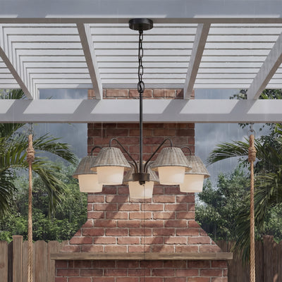 Mule Outdoor Chandelier, 5-Light Ceiling Light with Gray Shades, Matte Black