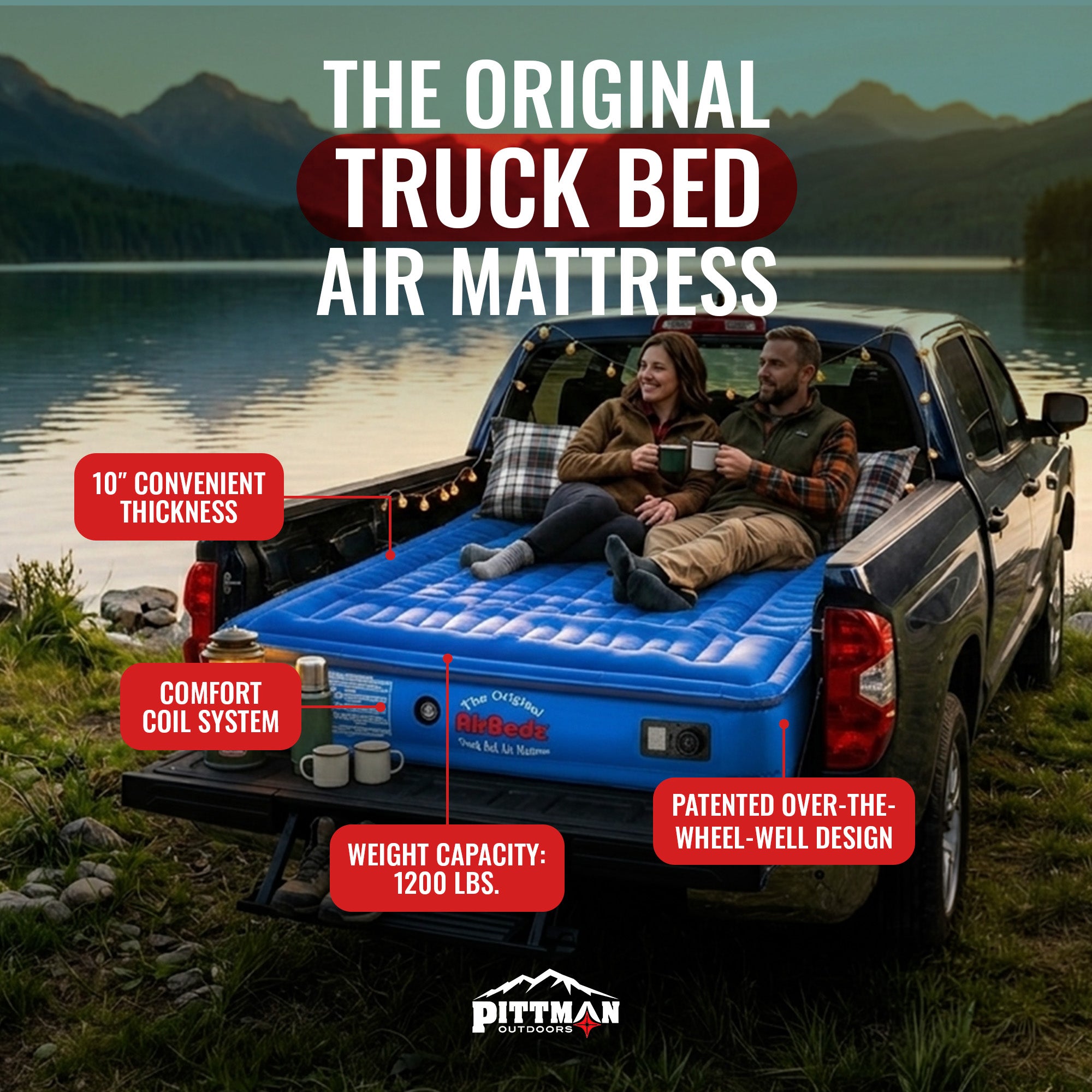 Pittman Outdoors Truck Bed Air Mattress with Pump for Long Truck Beds, 8', Blue